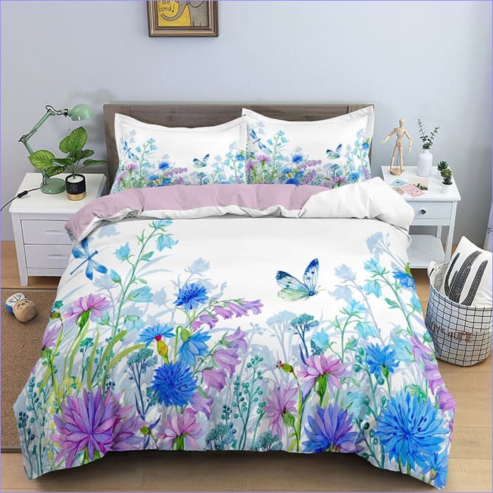 Housse de Couette Fleurs Bleues et Mauves
