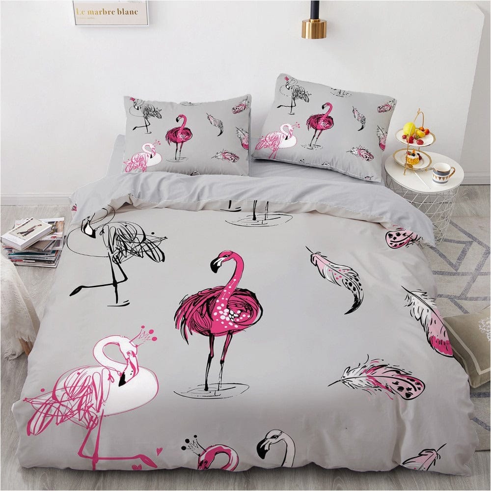 Housse de Couette Grise Enfant Flamant Rose