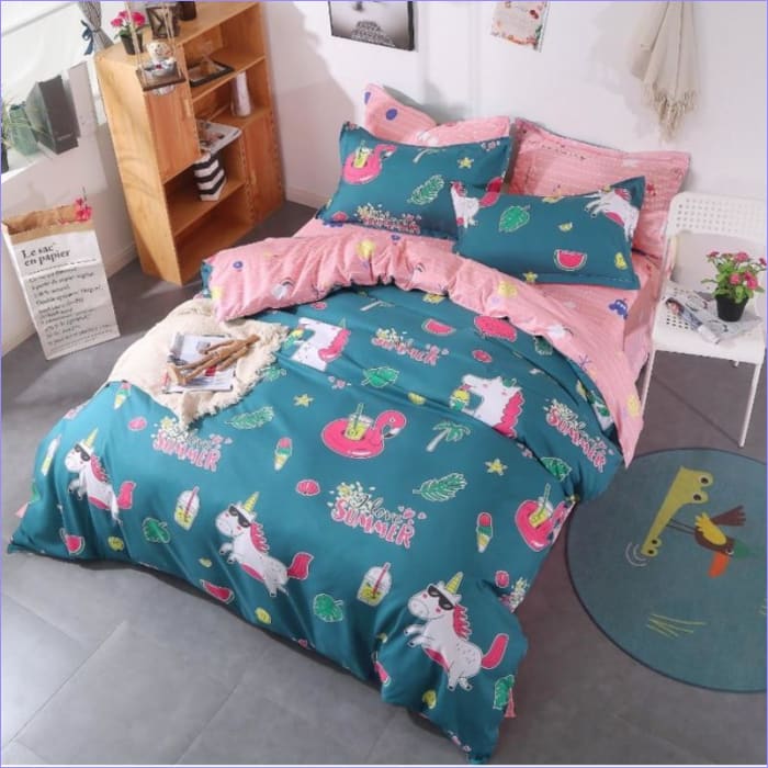 Housse de Couette Licorne Summer Love rose et bleu