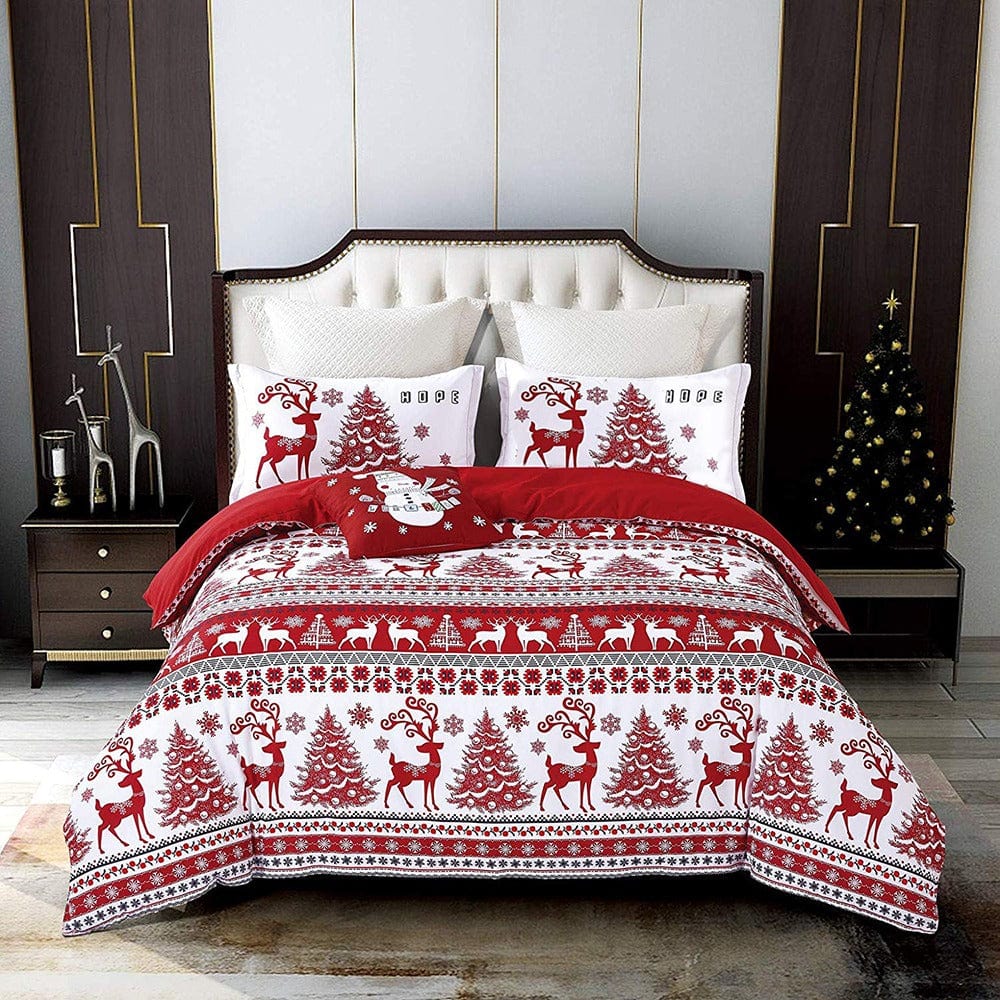 Housse de Couette Motif Chalet Sapin Rennes Rouge et Blanche