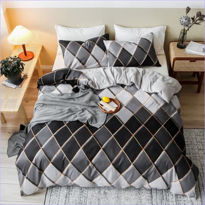 Housse de Couette Noir Blanc Gris Carreaux