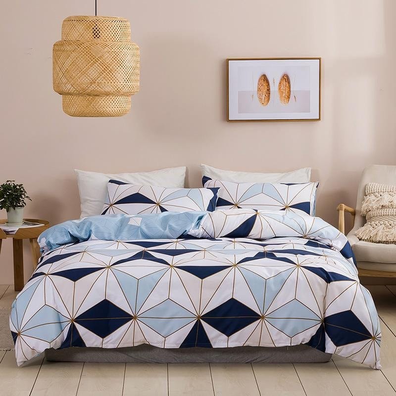 Housse de Couette Style Scandinave Blanche, Noire et Bleue