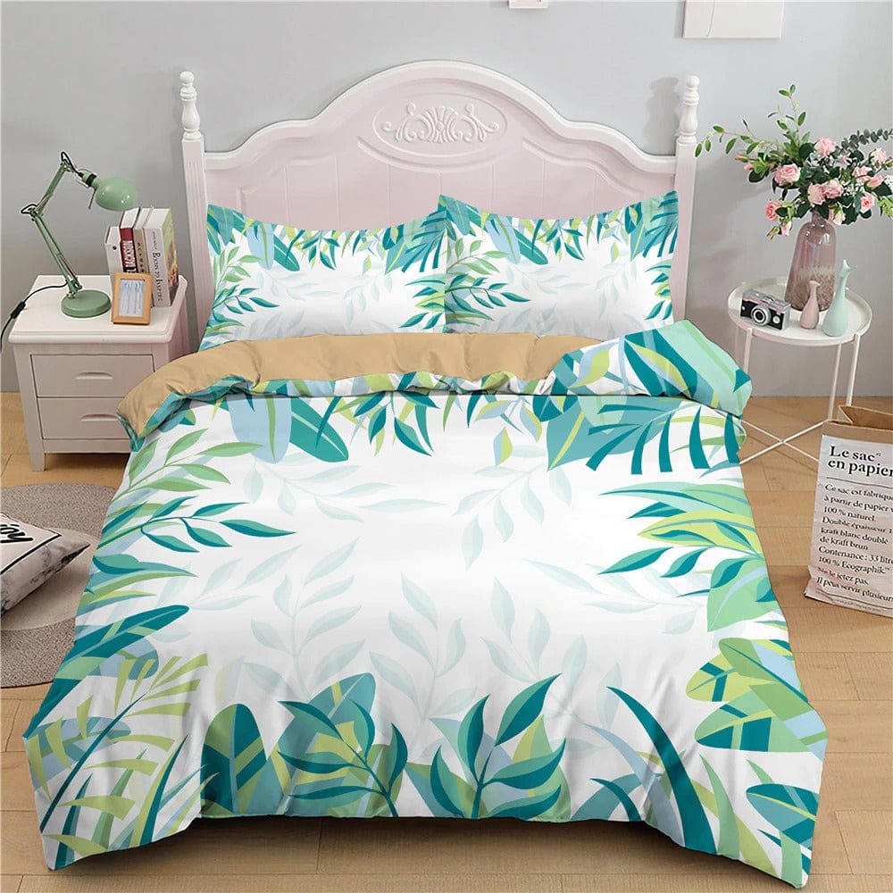 Housse de Couette Tropical 2 Personnes Verte et Blanche