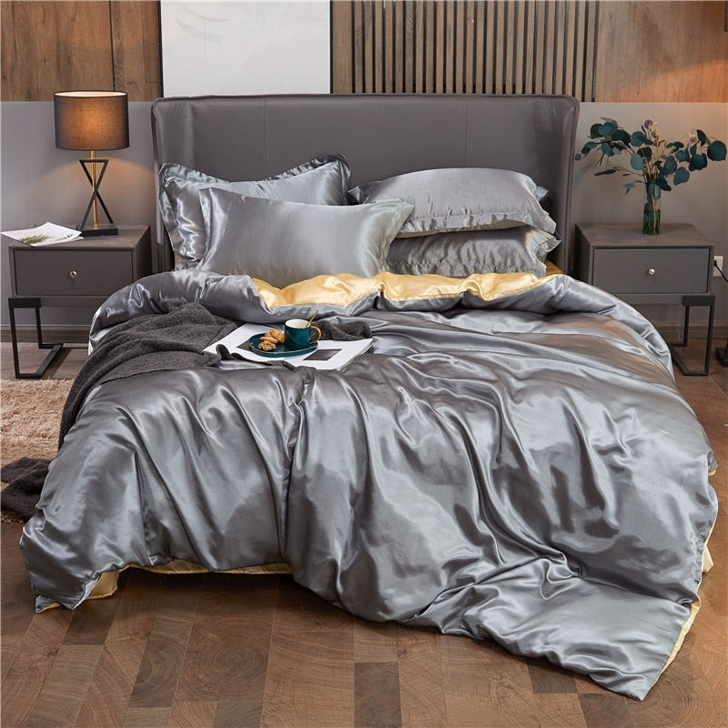 Housse de Couette Unie Polycoton Grise et Or