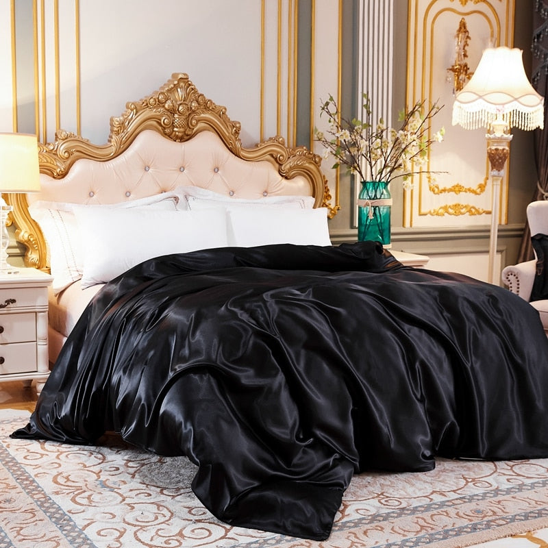 Housse de Couette Unie Satin de Soie Glacée Noire