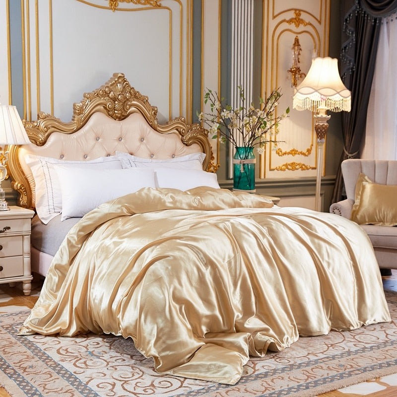 Housse de Couette Unie en Satin de Soie Glacée Beige