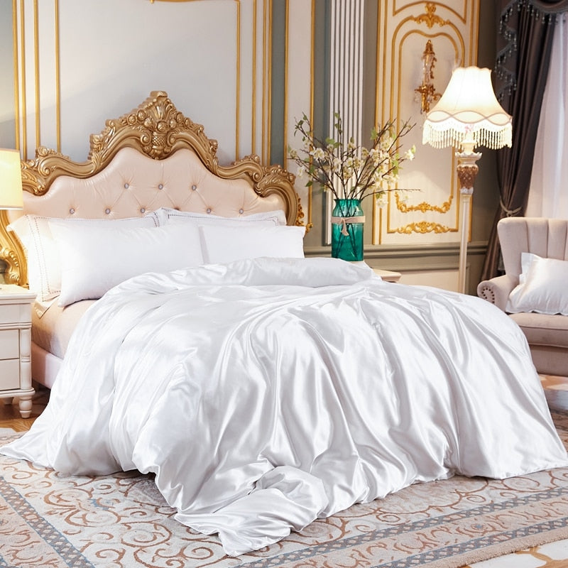 Housse de Couette Unie en Satin de Soie Glacée Blanche