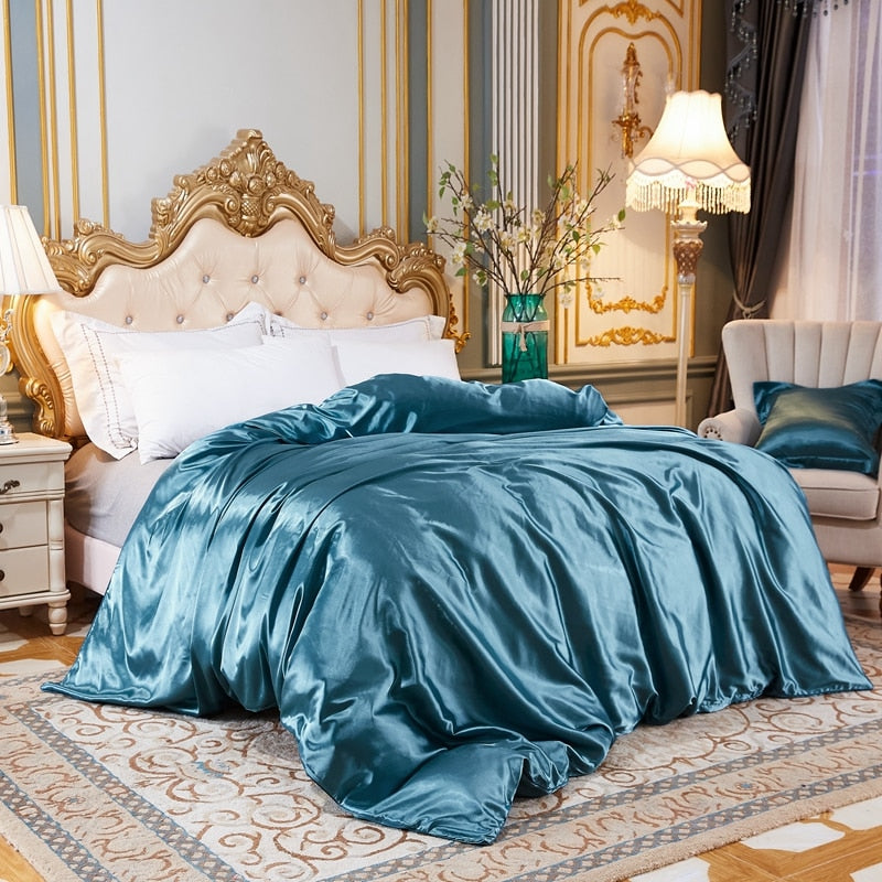 Housse de Couette Unie en Satin de Soie Glacée Bleu Canard