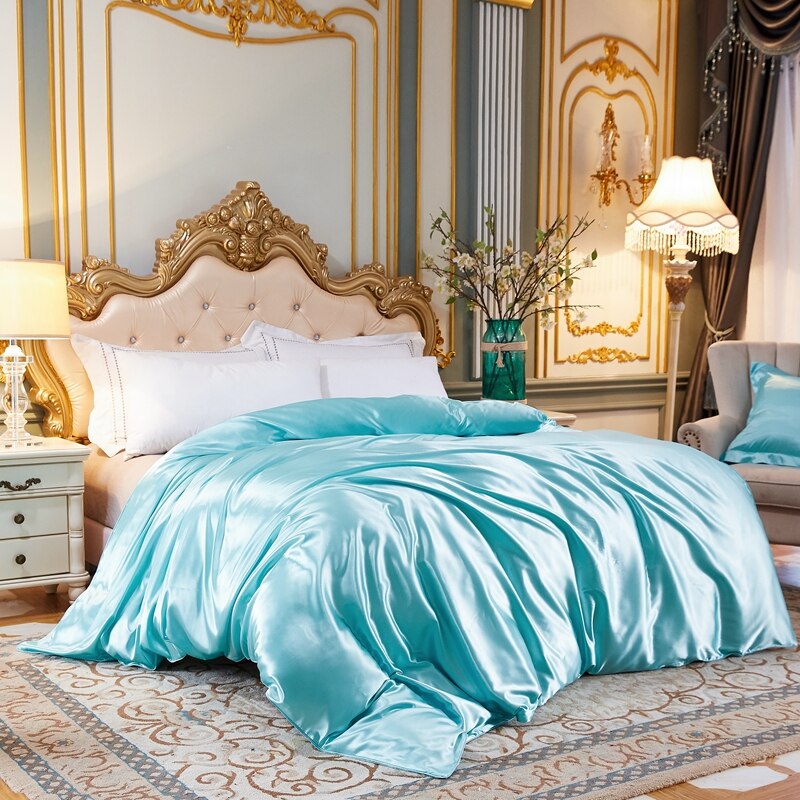 Housse de Couette Unie en Satin de Soie Glacée Bleu Ciel