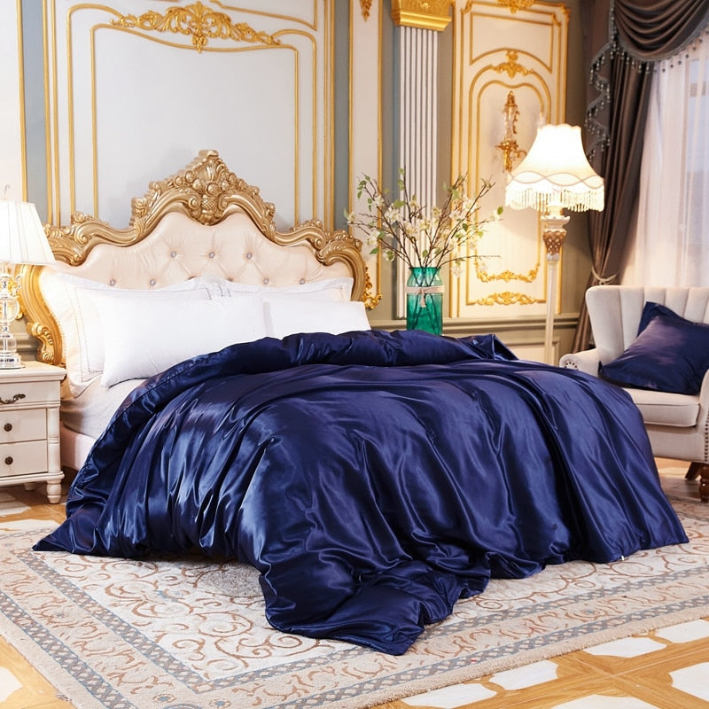 Housse de Couette Unie en Satin de Soie Glacée Bleu Marine