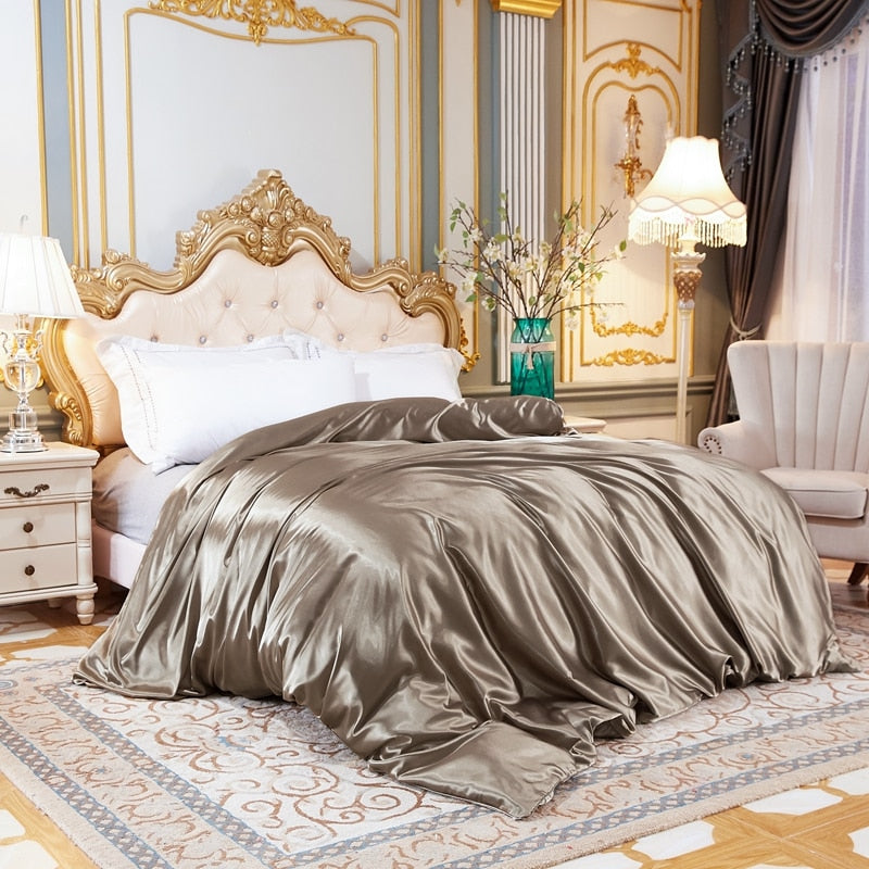 Housse de Couette Unie en Satin de Soie Glacée Marron