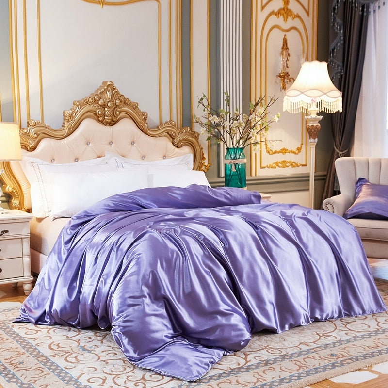 Housse de Couette Unie en Satin de Soie Glacée Mauve