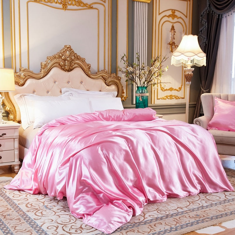 Housse de Couette Unie en Satin de Soie Glacée Rose