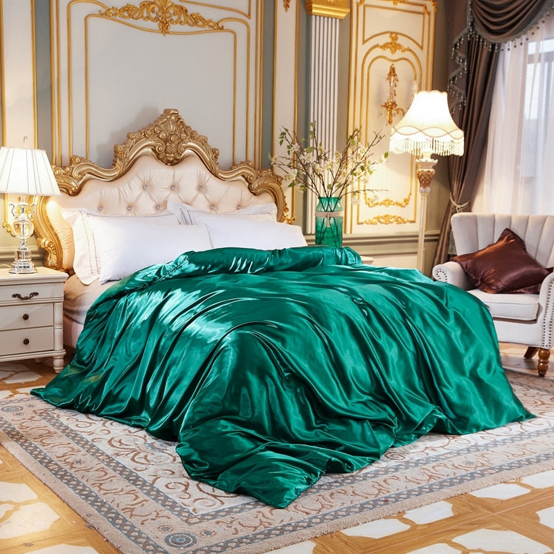 Housse de Couette Unie en Satin de Soie Glacée Verte